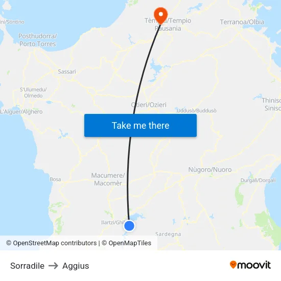 Sorradile to Aggius map