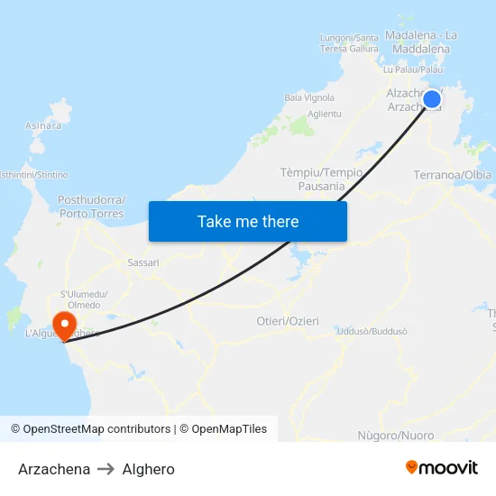 Arzachena to Alghero map