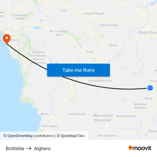 Bottidda to Alghero map
