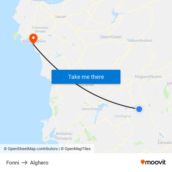 Fonni to Alghero map