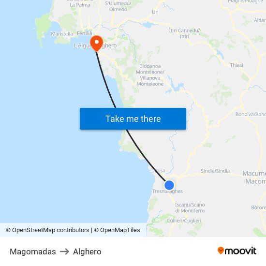 Magomadas to Alghero map