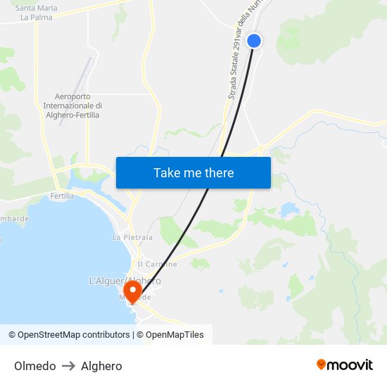 Olmedo to Alghero map