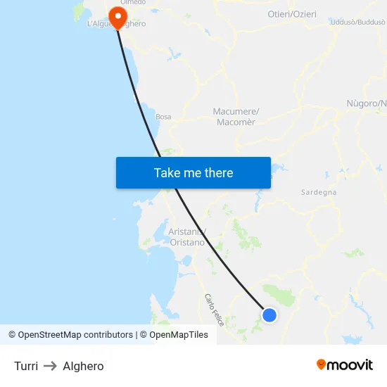 Turri to Alghero map