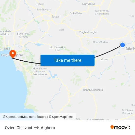 Ozieri Chilivani to Alghero map