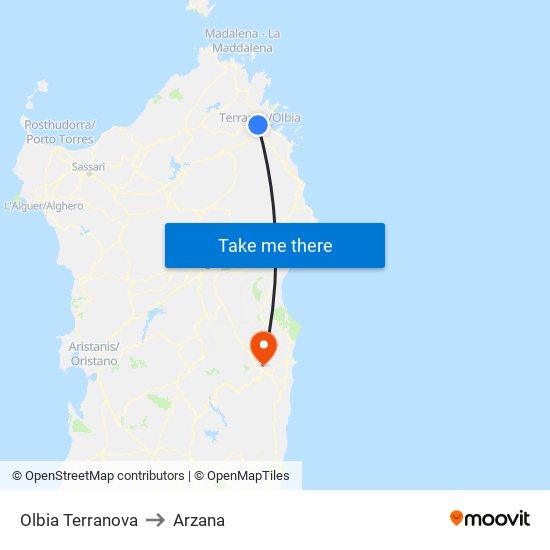Olbia Terranova to Arzana map