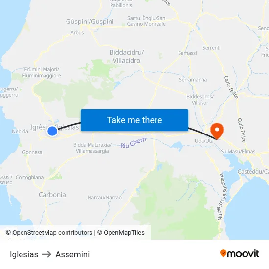 Iglesias to Assemini map