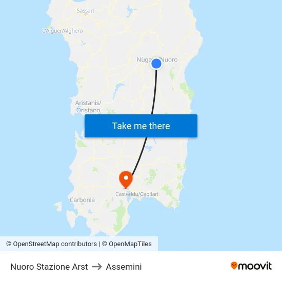 Nuoro Stazione Arst to Assemini map