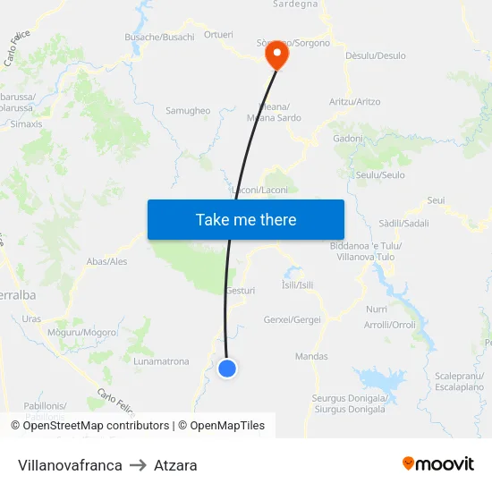 Villanovafranca to Atzara map