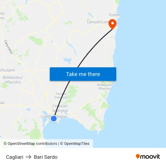Cagliari to Bari Sardo map