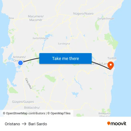 Oristano to Bari Sardo map