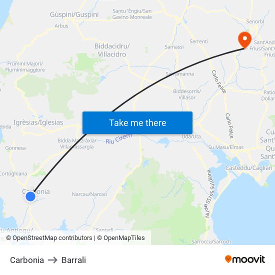 Carbonia to Barrali map