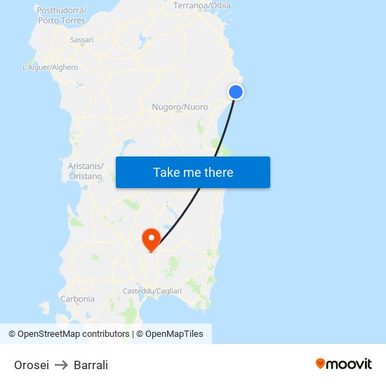 Orosei to Barrali map