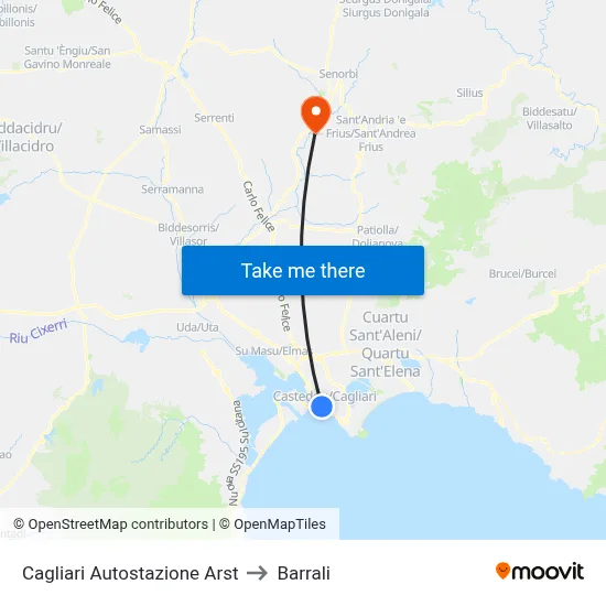 Cagliari Autostazione Arst to Barrali map
