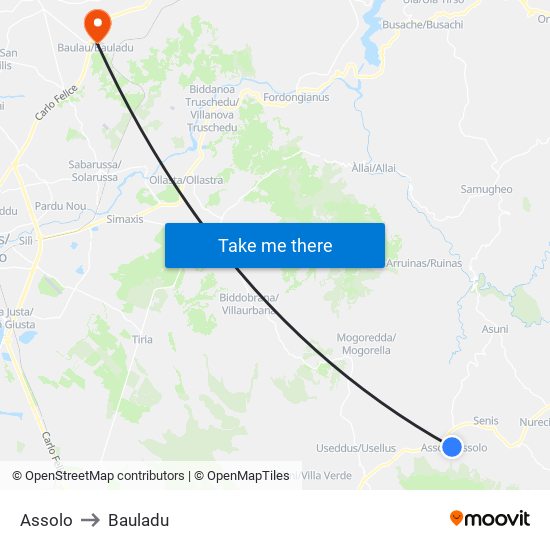 Assolo to Bauladu map
