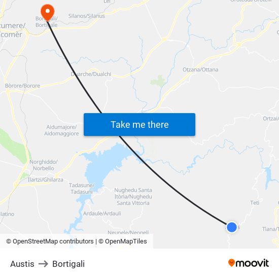 Austis to Bortigali map