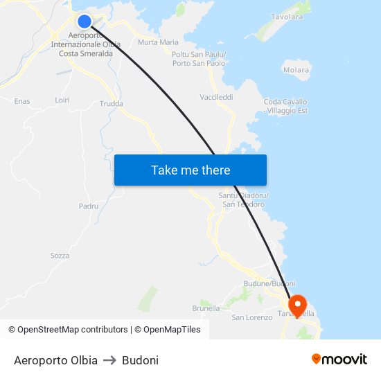 Aeroporto Olbia to Budoni map