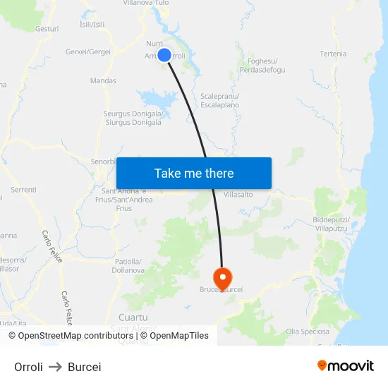 Orroli to Burcei map
