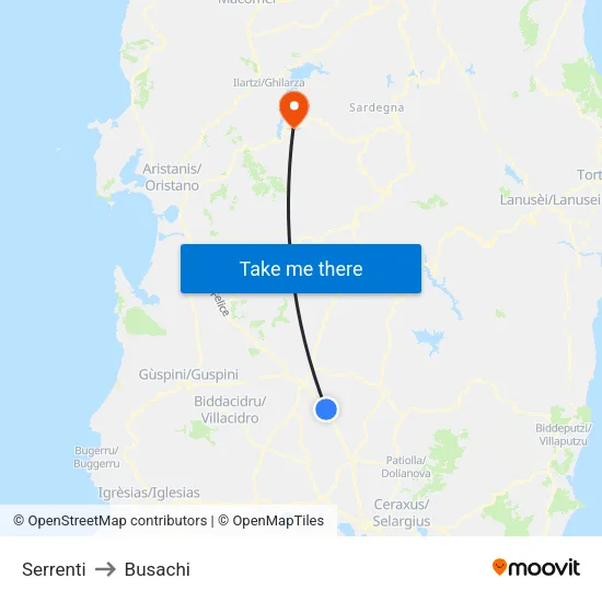 Serrenti to Busachi map