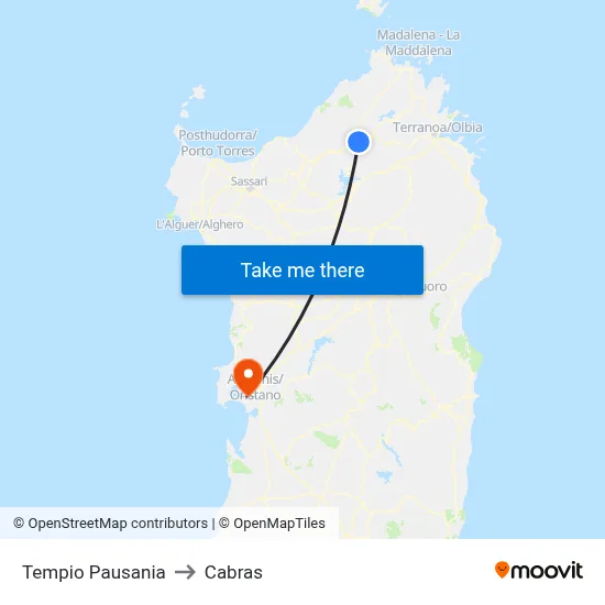 Tempio Pausania to Cabras map