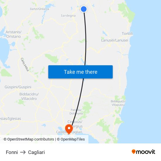 Fonni to Cagliari map