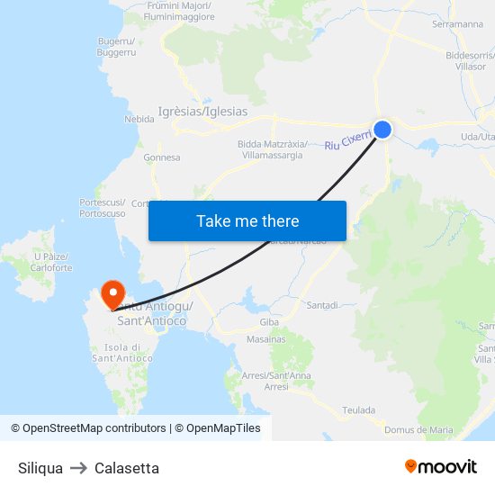 Siliqua to Calasetta map