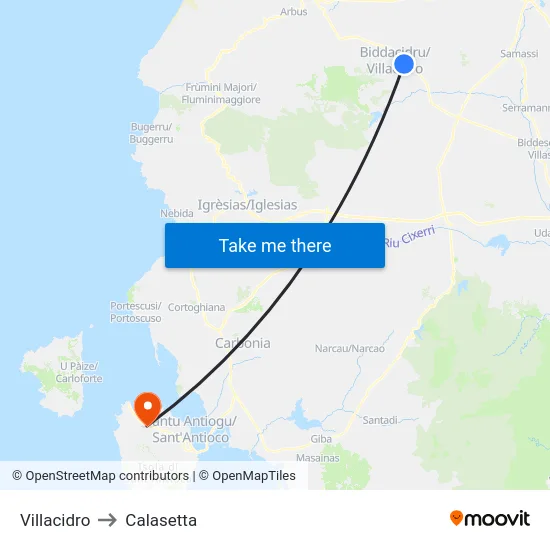 Villacidro to Calasetta map