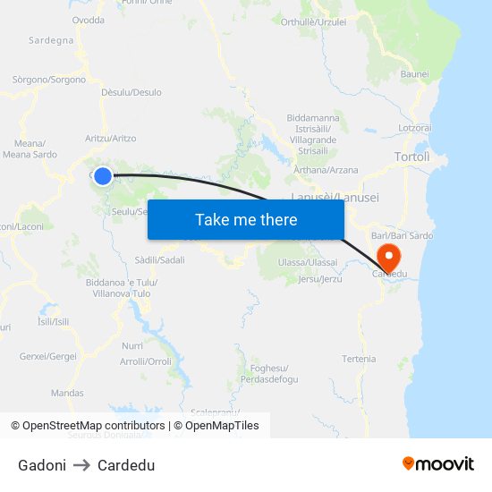 Gadoni to Cardedu map