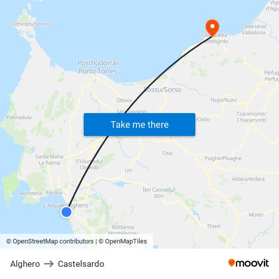 Alghero to Castelsardo map