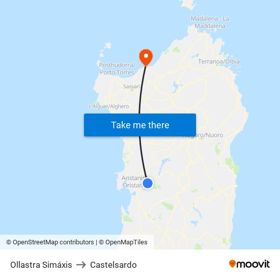 Ollastra Simáxis to Castelsardo map