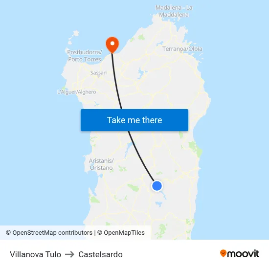 Villanova Tulo to Castelsardo map