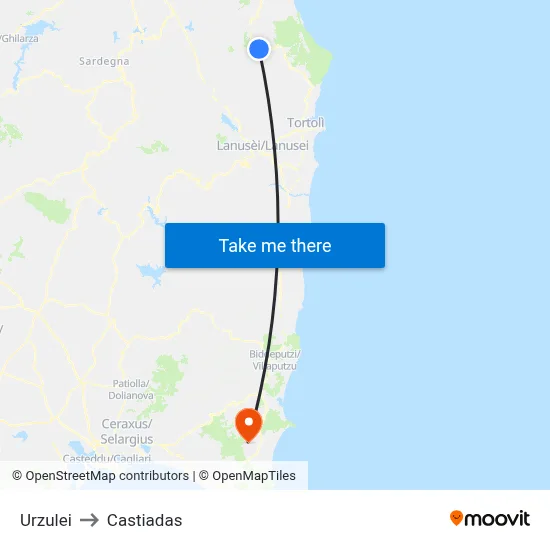 Urzulei to Castiadas map