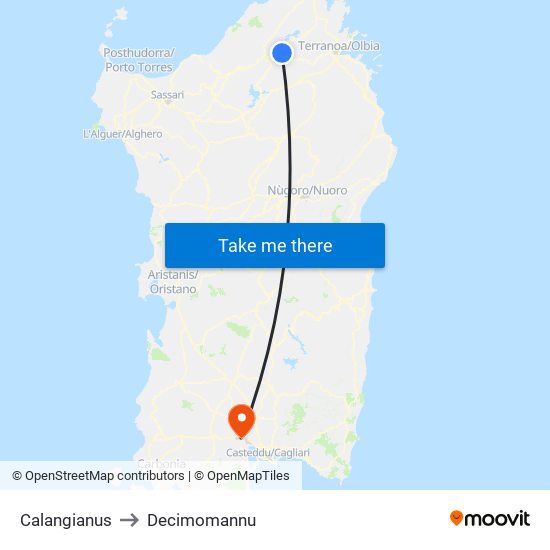 Calangianus to Decimomannu map