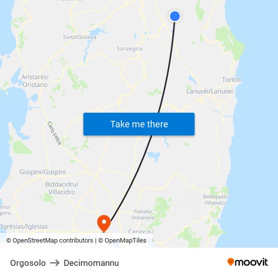 Orgosolo to Decimomannu map