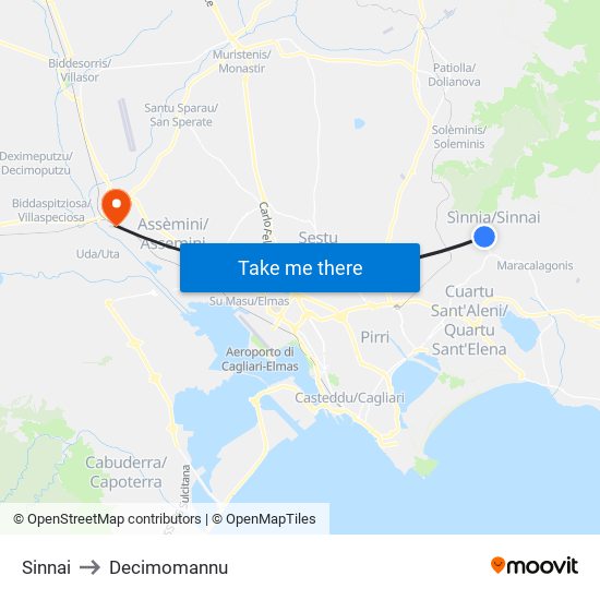 Sinnai to Decimomannu map