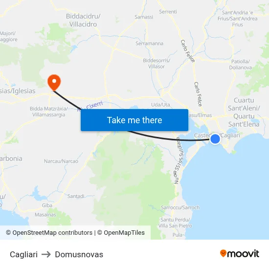 Cagliari to Domusnovas map