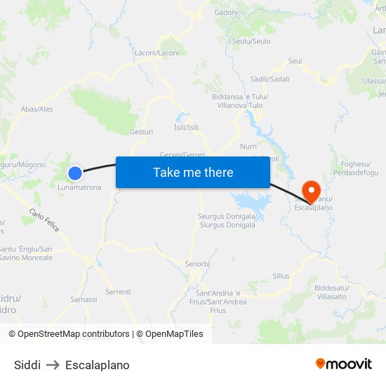 Siddi to Escalaplano map