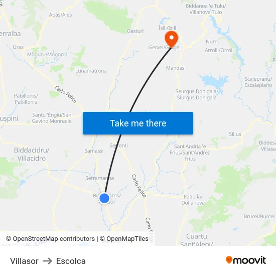 Villasor to Escolca map