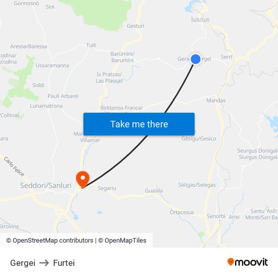 Gergei to Furtei map