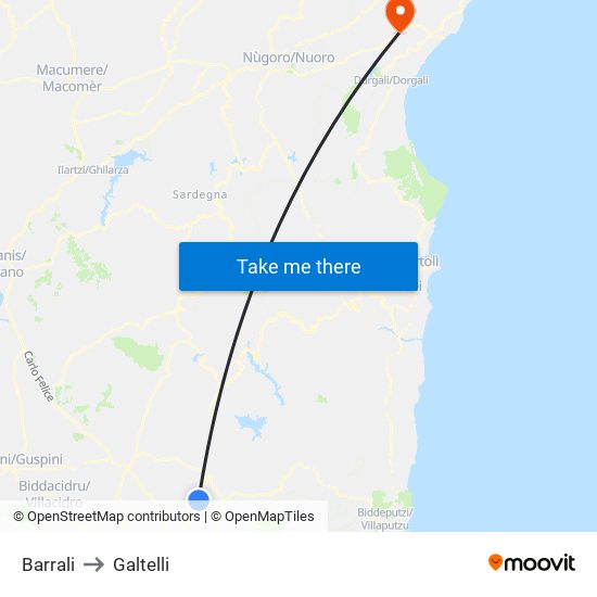 Barrali to Galtelli map