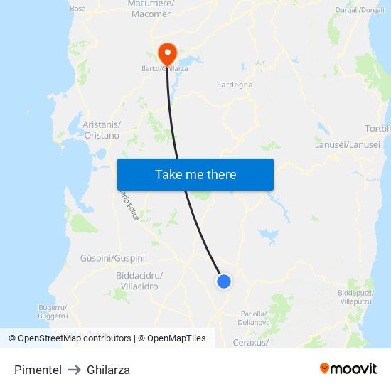 Pimentel to Ghilarza map