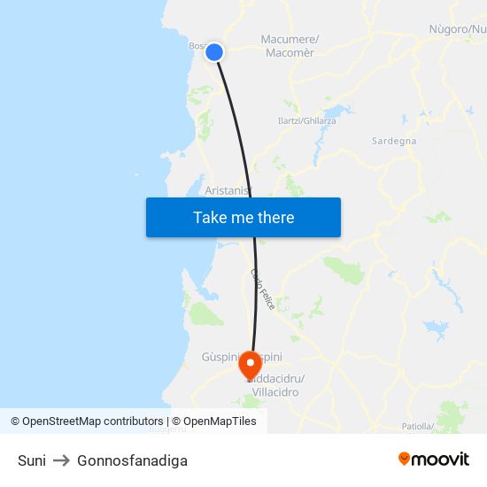 Suni to Gonnosfanadiga map