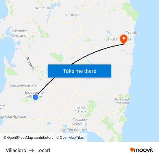 Villacidro to Loceri map