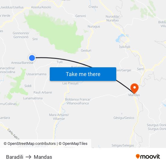 Baradili to Mandas map