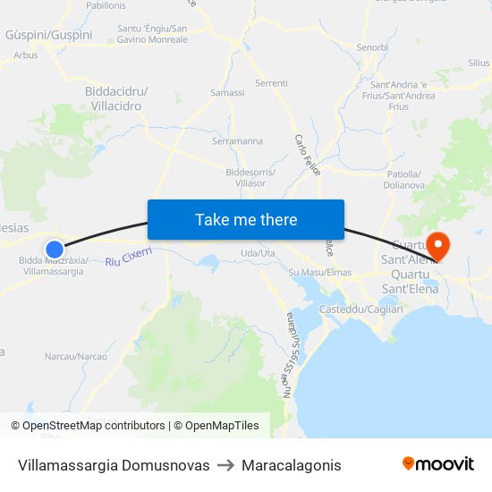 Villamassargia Domusnovas to Maracalagonis map