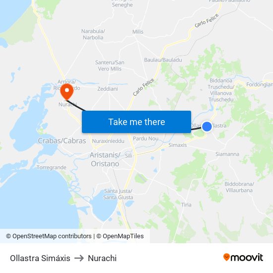 Ollastra Simáxis to Nurachi map