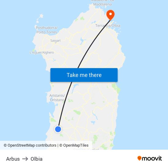 Arbus to Olbia map