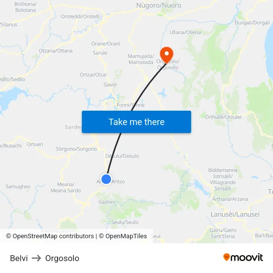 Belvi to Orgosolo map