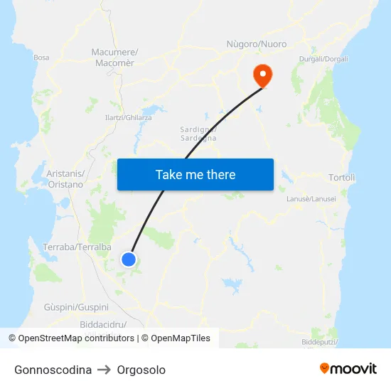 Gonnoscodina to Orgosolo map