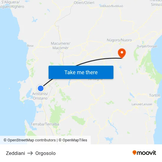 Zeddiani to Orgosolo map