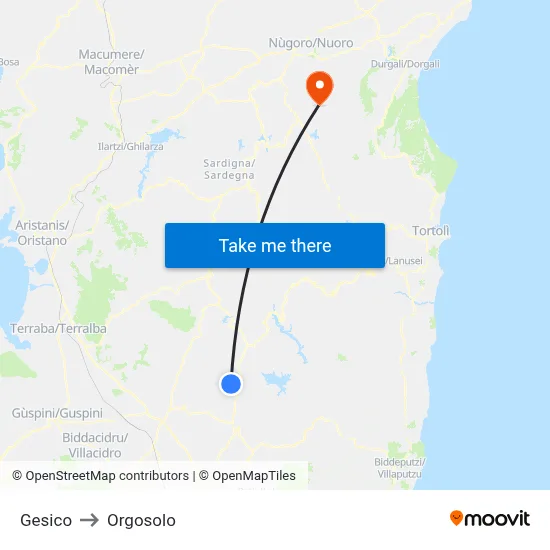 Gesico to Orgosolo map